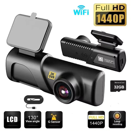 מקליט וידיאו לרכב 2K 1440P HD עם מצלמת דאש ו-WiFi - מצלמת DVR עם ראיית לילה, WDR, שליטה קולית ומצב חניה 24 שעות