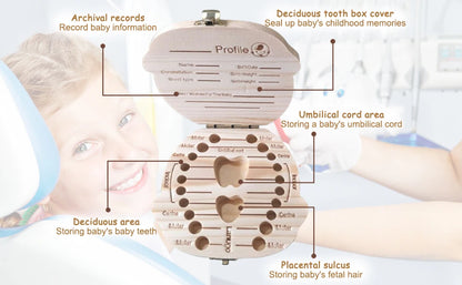 קופסת שיניים לילדים - קופסת עץ זיכרון לתינוקות לשמירת שיני חלב וחבל הטבור