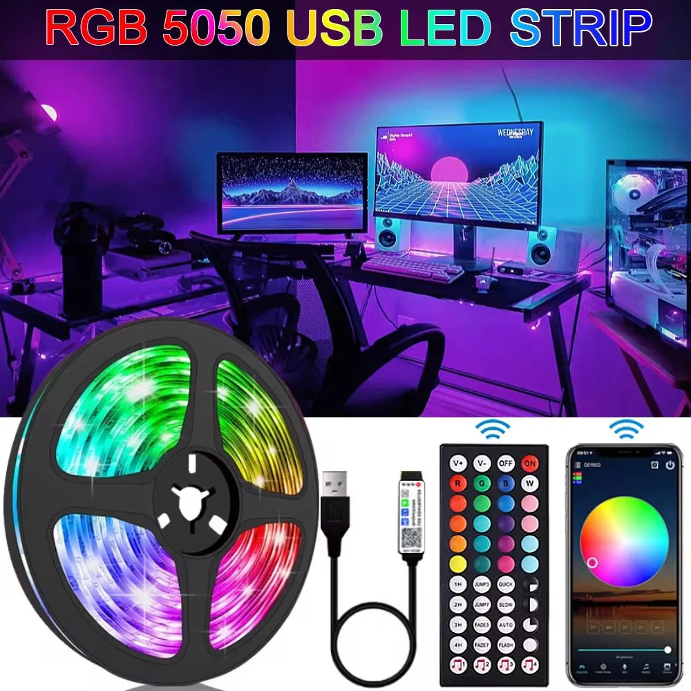 סרט לד RGB 5050 עם שלט ואפליקציה – תאורת אווירה גמישה לטלוויזיה, מחשב וגיימינג 5V USB, קישוט חדרים