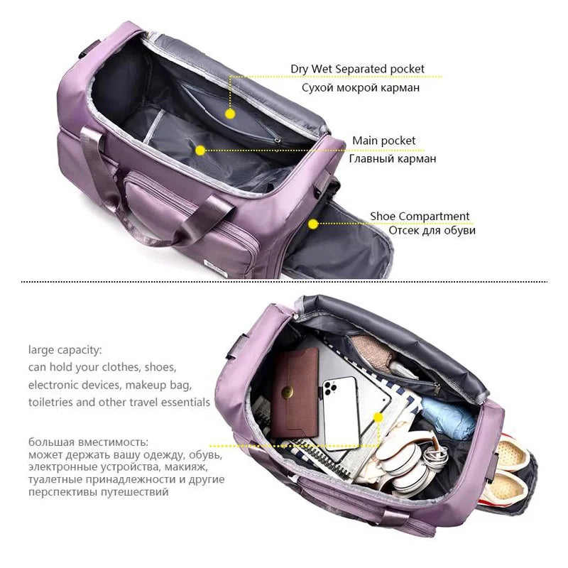 תיק נסיעות עם קיבולת גדולה – תיק דופל עם תא נעליים מתלבש על מזוודה, תיק ספורט וכושר לנשים, מושלם לטיסות טרולי